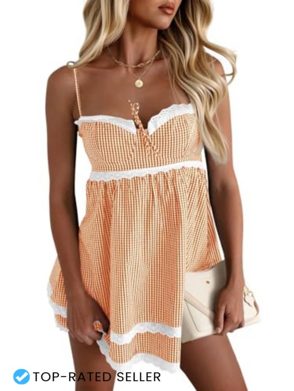 Wenrine Women's Summer Mini Dress Sweetheart Y2K Plaid Lace Tiered